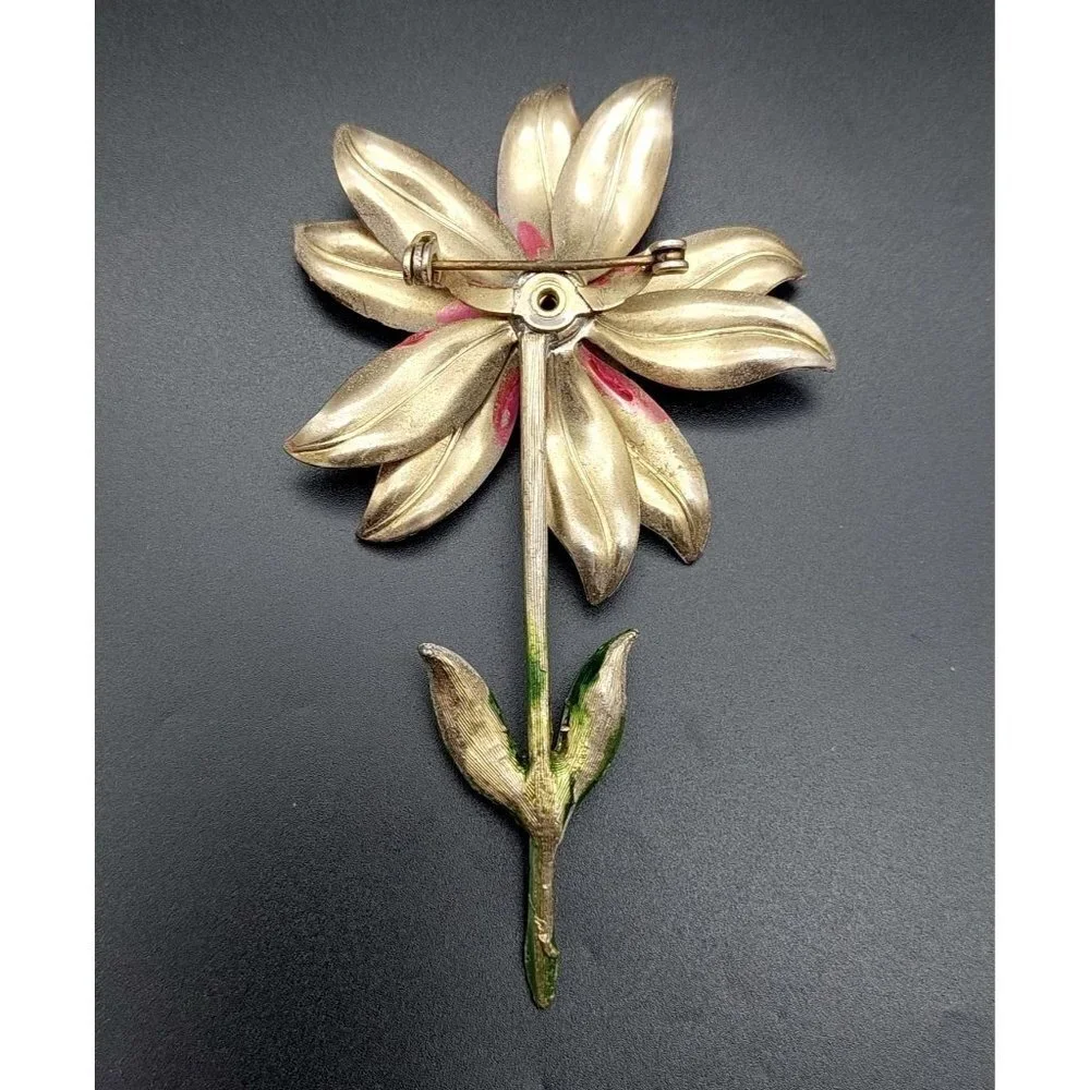 Vintage Pink Metal Flower Wobbler Brooch Pin 3.5" - Picture 5 of 6